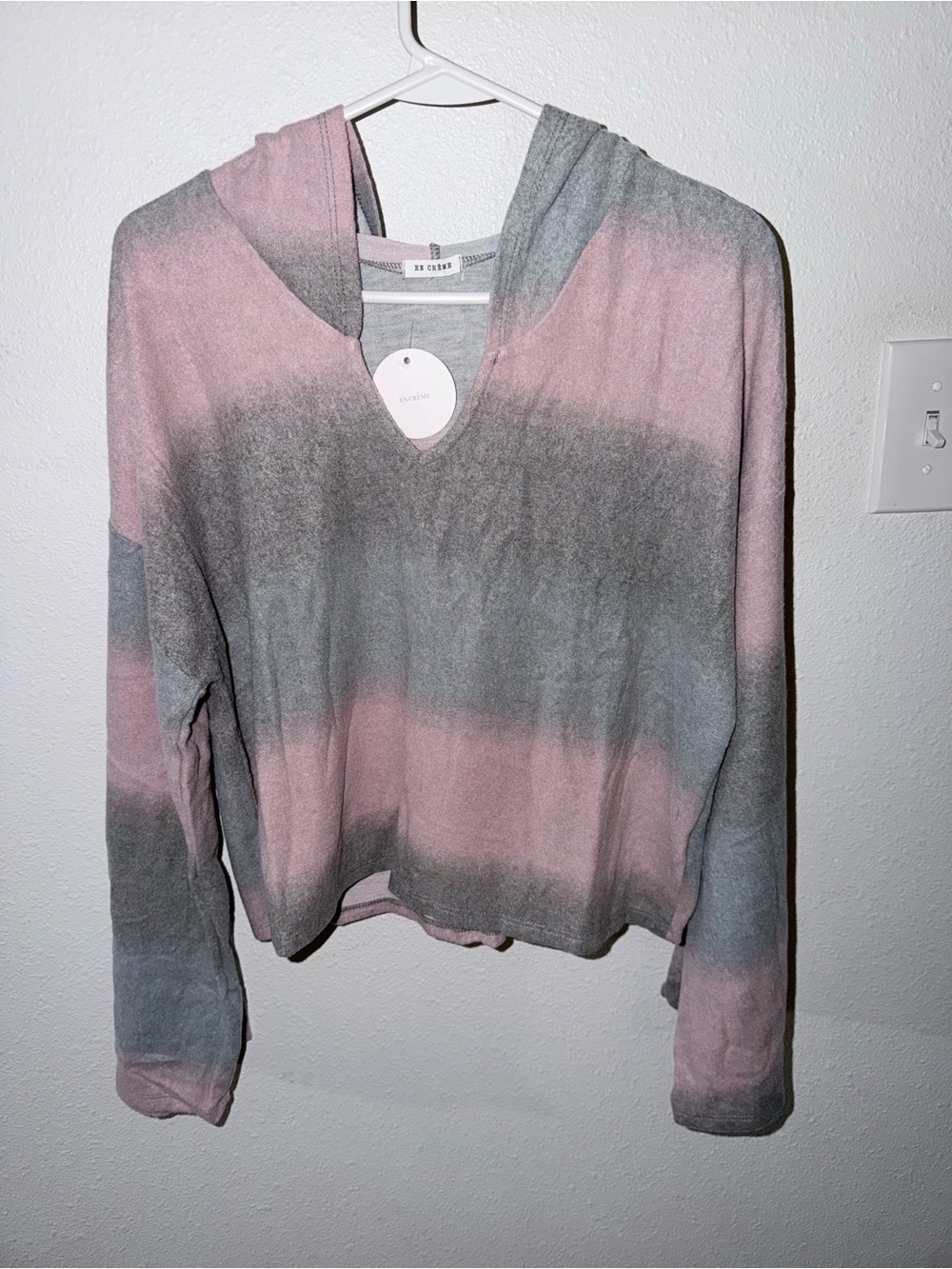 En Creme Pink & Gray Striped Hooded V-Neck Pullover NWT - Picture 5 of 8